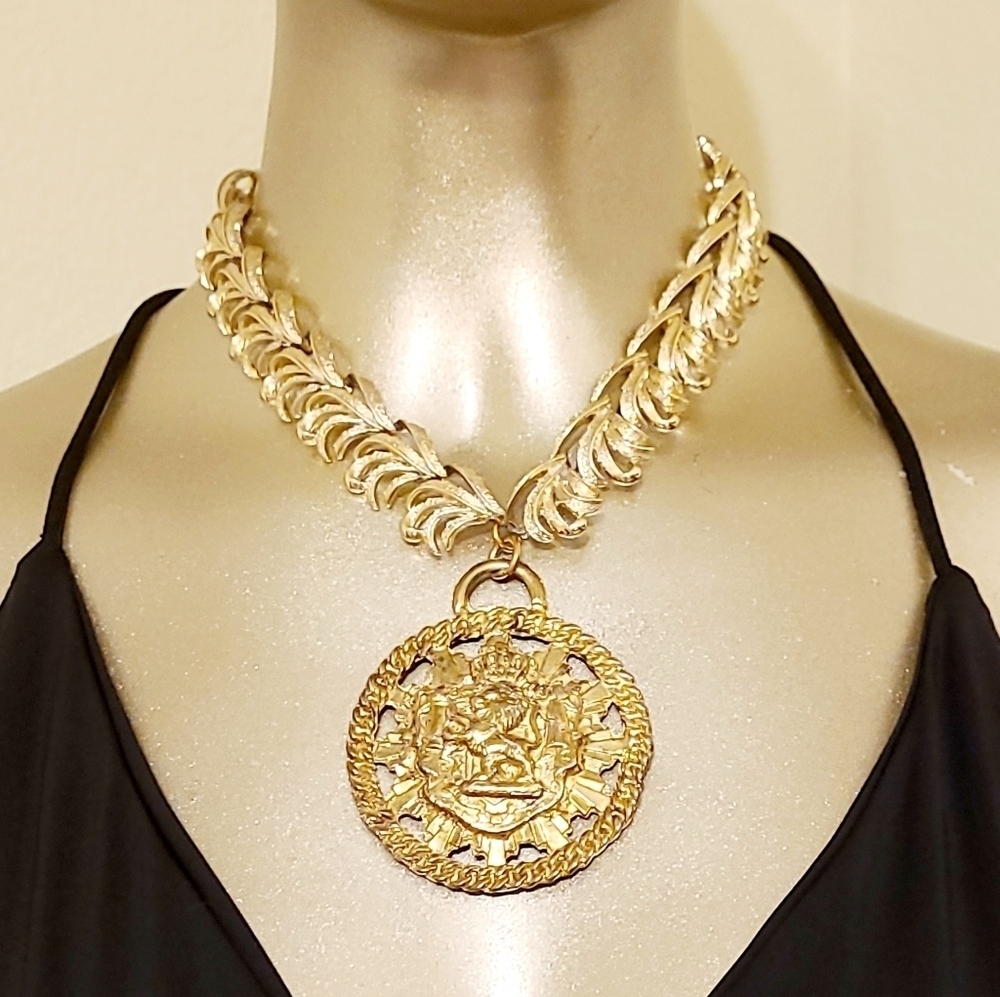 HANDCRAFTED REPURPOSED VINTAGE LION MEDALLION CORO GOLD NECKLACE